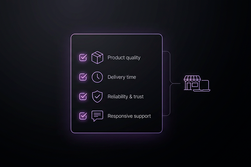 Um infográfico digital minimalista sobre um fundo escuro. À esquerda, um quadro com bordas arredondadas e brilho roxo neon contém uma lista de verificação (checklist) com quatro itens: "Product quality" (qualidade do produto), "Delivery time" (tempo de entrega), "Reliability & trust" (confiabilidade e confiança) e "Responsive support" (suporte responsivo). Cada item possui um ícone correspondente e uma caixa de seleção marcada com um "check" em neon. À direita, uma chave conecta a lista a um ícone de uma loja física e um notebook, simbolizando a integração entre o fornecedor e a loja online.