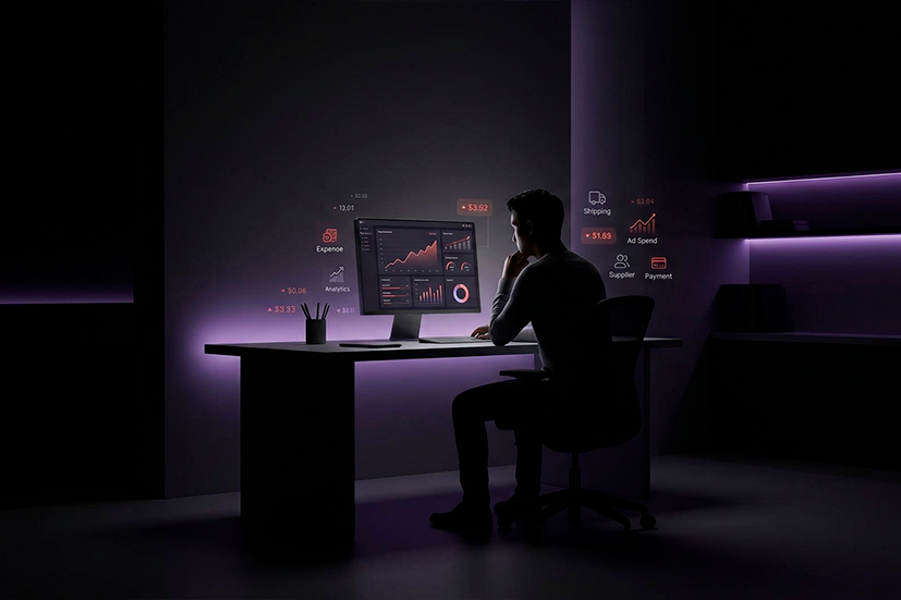 Vista lateral de um homem sentado em um escritório minimalista e escuro, iluminado por luzes LED roxas. Ele observa atentamente um monitor que exibe gráficos financeiros complexos. Ao redor da tela, ícones holográficos flutuam no ar, representando métricas de e-commerce como 'Ad Spend' (gastos com anúncios) com um gráfico de subida, 'Shipping' (envio), 'Supplier' (fornecedor), 'Payment' (pagamento) e 'Expense' (despesas). O ambiente transmite uma atmosfera de análise de dados profunda, tecnologia avançada e gestão estratégica de negócios digitais.
