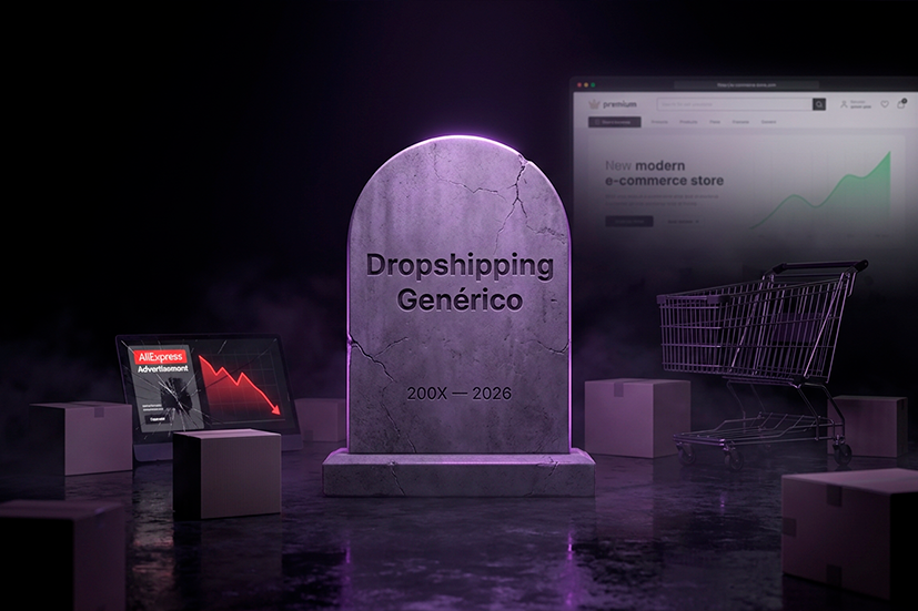 Imagem conceitual e sombria com iluminação roxa dramática. No centro, uma lápide de pedra com a inscrição 'Dropshipping Genérico 200X — 2026'. À esquerda, uma tela de tablet quebrada exibe um gráfico de vendas em queda livre e o logotipo do AliExpress. À direita, um carrinho de compras vazio e caixas de papelão espalhadas. Ao fundo, uma tela de computador desfocada mostra uma loja moderna com um gráfico de crescimento verde, simbolizando a transição para o novo modelo de e-commerce.