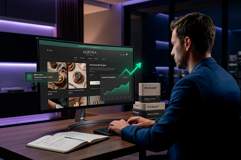 Homem em um terno azul sentado de costas em um escritório sofisticado, trabalhando em um monitor grande. A tela exibe a loja virtual de luxo 'Aurora Boutique', vendendo relógios artesanais. Sobreposta à tela, há uma interface de 'Crescimento e Lucratividade' com um gráfico verde ascendente e uma notificação flutuante de 'Novo Pedido: Relógio Artesanal ($180)'. Sobre a mesa de madeira, há um caderno com anotações e caixas de envio personalizadas com o logotipo 'Pro Growth' e a frase 'Ready-to-Scale'. A iluminação do ambiente é moderna, em tons de roxo e azul.