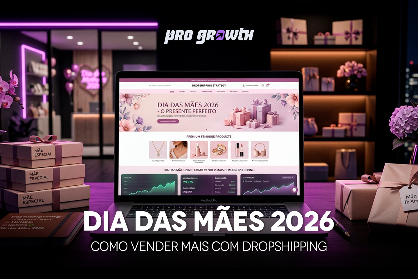 Notebook exibindo uma loja virtual temática de Dia das Mães 2026 com produtos femininos e gráficos de vendas, em um ambiente sofisticado com iluminação rosa e roxa, cercado por caixas de presente decoradas.