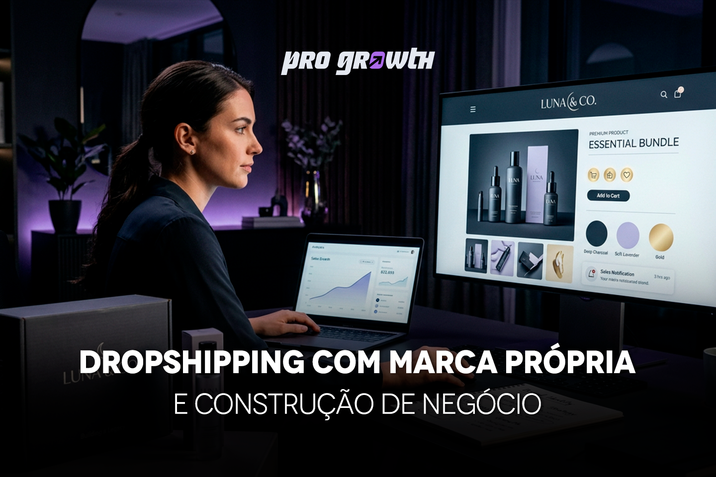 Uma mulher jovem e focada trabalha em seu escritório em frente a dois monitores. O monitor principal exibe a loja virtual 'Luna & Co.' com um design premium de cosméticos, apresentando um 'Essential Bundle'. O segundo monitor (laptop) mostra gráficos de crescimento de vendas em ascensão. No canto inferior esquerdo, vê-se uma caixa de embalagem personalizada da marca. O texto sobreposto na imagem diz: 'DROPSHIPPING COM MARCA PRÓPRIA E CONSTRUÇÃO DE NEGÓCIO'. Logotipo Pro Growth no topo.