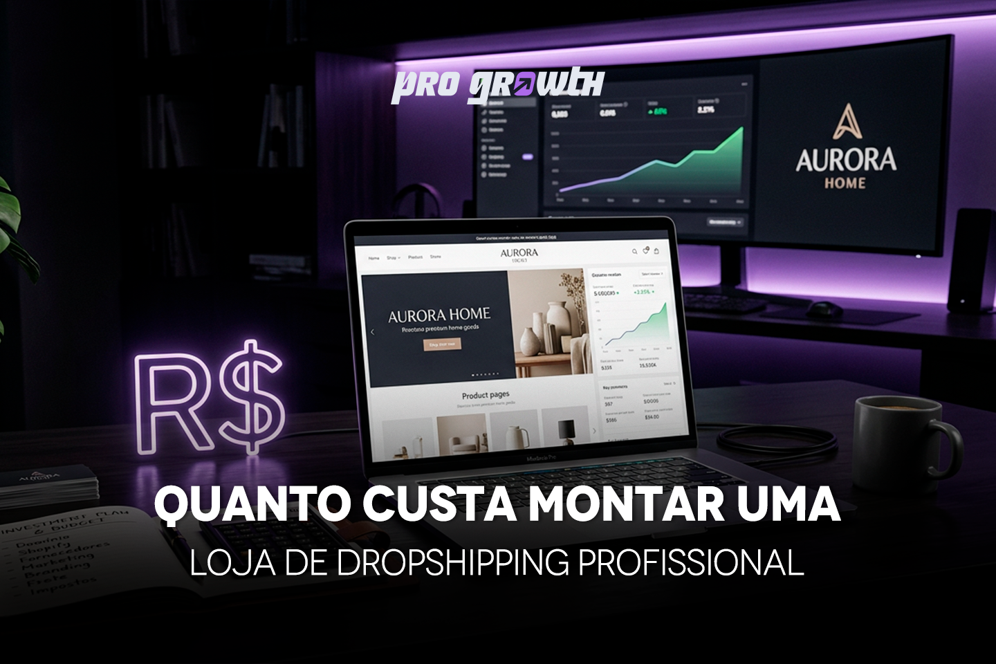 Imagem de um escritório moderno com iluminação roxa neon e o logotipo 'Pro Growth' no topo. No centro, um notebook exibe a página de produtos de uma loja chamada 'Aurora Home', focada em decoração. Ao lado, um monitor de computador mostra gráficos de análise financeira com linhas ascendentes. Sobre a mesa de madeira, há um letreiro neon com o símbolo do Real (R$), uma caneca de café e um caderno aberto detalhando um plano de investimento e orçamento. O texto principal na imagem diz: 'QUANTO CUSTA MONTAR UMA LOJA DE DROPSHIPPING PROFISSIONAL'.