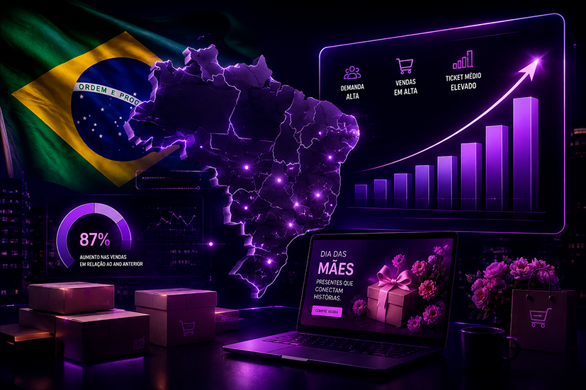 Infográfico digital com estética futurista em tons de roxo e neon. O título central diz 'Quais nichos tendem a performar melhor no Dia das Mães'. Abaixo, cinco pedestais iluminados exibem produtos de diferentes nichos: Beleza & Cosméticos, Moda Feminina, Joias & Acessórios, Bem-estar & Autocuidado, e Decoração & Presentes. Ao fundo, elementos de interface de análise de dados e gráficos de crescimento.