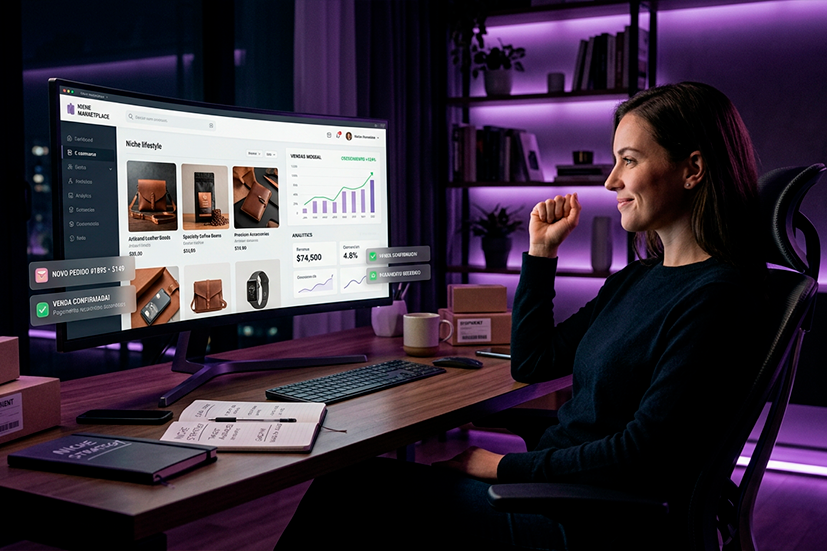 Uma mulher sorridente sentada em uma cadeira de escritório ergonômica, comemorando com o punho cerrado enquanto olha para um monitor ultrawide curvo. A tela mostra o painel de controle de um marketplace chamado 'Niche Lifestyle', exibindo produtos de couro, café e acessórios, além de um gráfico de vendas com tendência de alta. Pop-ups flutuantes indicam 'Novo Pedido' e 'Venda Confirmada'. O ambiente é um home office moderno com iluminação LED roxa, estante de livros ao fundo e cadernos de estratégia sobre a mesa de madeira.