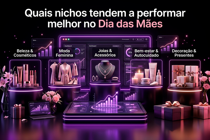 Arte digital com estética futurista em tons de rosa e roxo mostrando os principais nichos de vendas para o Dia das Mães, incluindo beleza e cosméticos, moda feminina, joias e acessórios, bem-estar e autocuidado, além de decoração e presentes, acompanhados de gráficos de crescimento e produtos expostos.