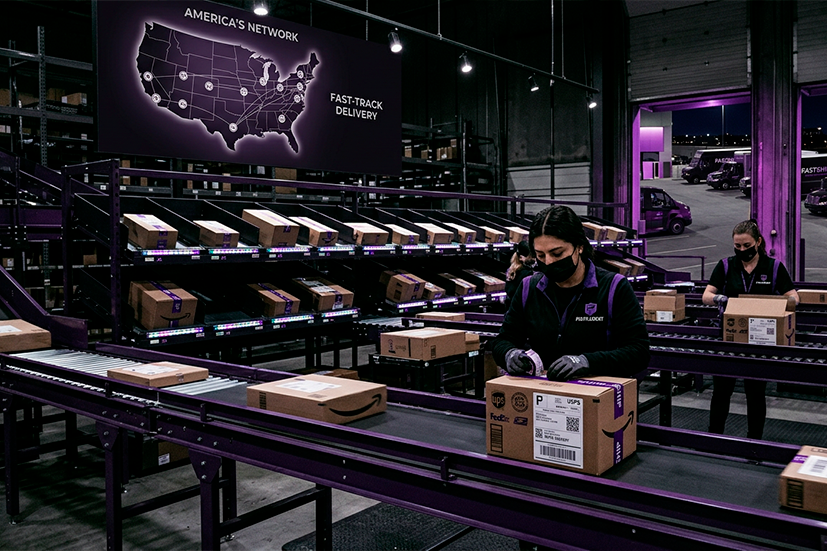 Centro de distribuição moderno de dropshipping nos EUA operando pedidos de e-commerce em alta velocidade. Funcionários embalando produtos, esteiras automatizadas, caixas com etiquetas de envio rápido, caminhões de entrega ao fundo.