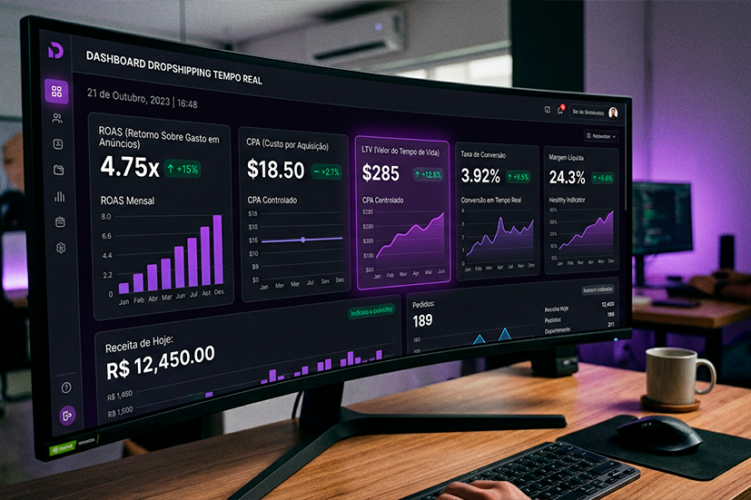 Dashboard moderno e sofisticado de e-commerce exibindo métricas de dropshipping em tempo real: ROAS positivo em crescimento, CPA controlado, LTV elevado, taxa de conversão otimizada e margem líquida saudável.