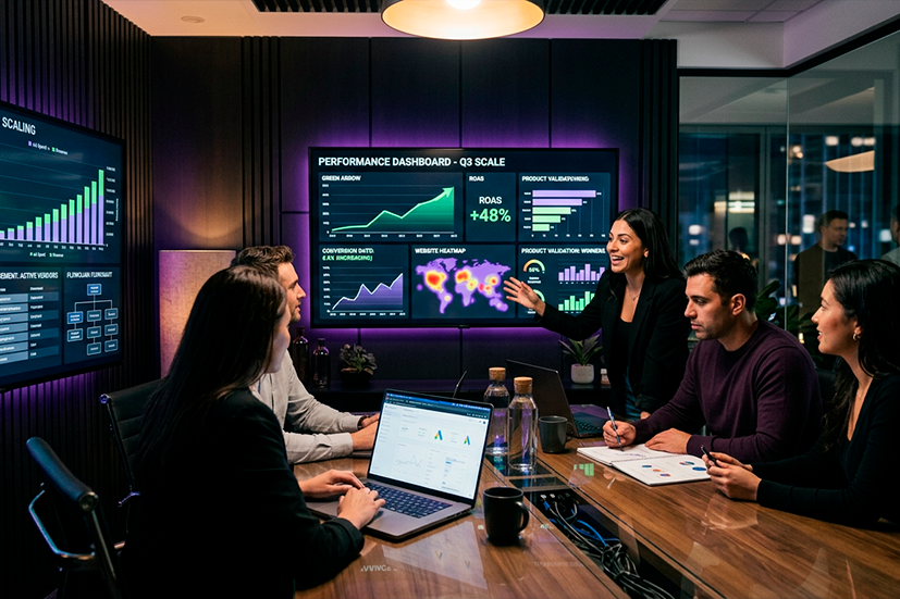 Estrategistas analisando dashboards avançados com métricas positivas, ROAS crescente, mapas de calor, taxa de conversão e validação de produtos. Ambiente moderno, elegante e tecnológico, com iluminação clara e profissional. Inserir telas com gráficos ascendentes, análise de dados, fornecedores organizados e campanhas escalando.