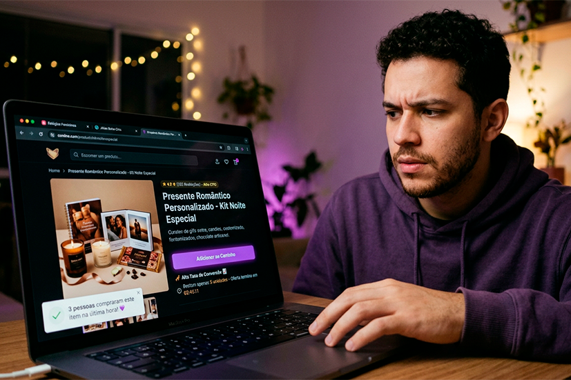 Homem jovem navegando indeciso em loja virtual enquanto compara presentes românticos para o Dia dos Namorados.