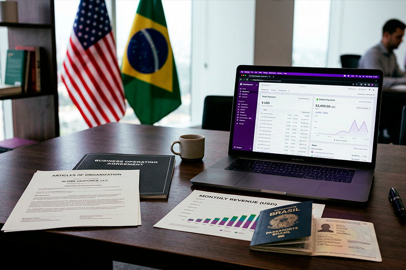 Mesa executiva com documentos de abertura de LLC americana, notebook exibindo Stripe e Shopify Payments, gráficos financeiros em dólar, contrato empresarial, passaporte brasileiro e bandeiras dos EUA e Brasil ao fundo. Ambiente corporativo de dropshipping nos EUA.