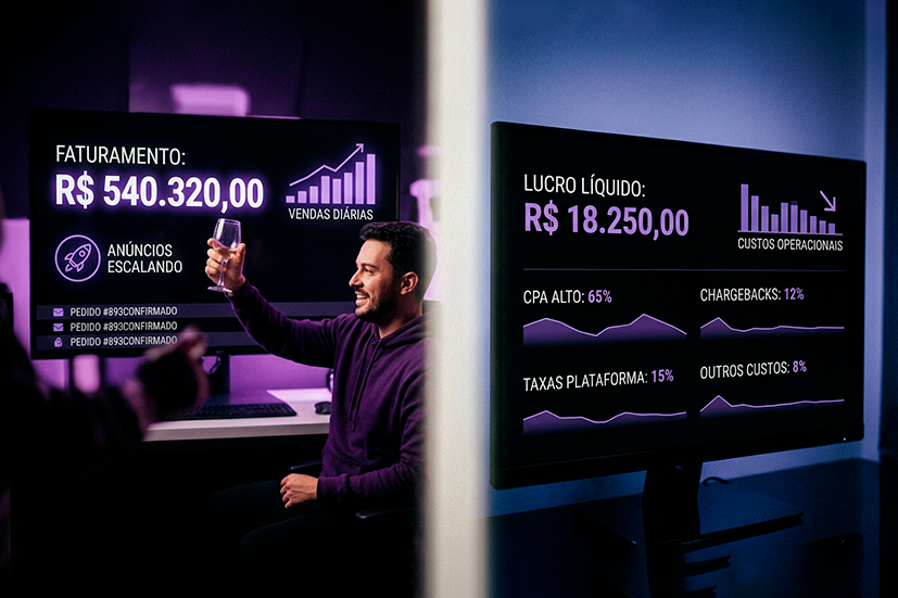Ilustração realista dividida em duas partes. À esquerda, uma loja de dropshipping comemorando faturamento alto com números grandes de vendas e anúncios escalando. À direita, um painel financeiro mostrando lucro líquido baixo devido a CPA alto, chargebacks, taxas e custos operacionais.