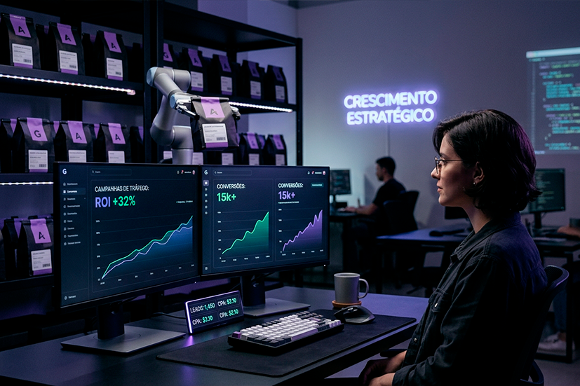Mulher analisando dashboards. Elementos sutis de automação, organização operacional, logística eficiente e campanhas de tráfego performando bem. Iluminação sofisticada, com tons modernos azulados e detalhes em neon suave, criando sensação de tecnologia e crescimento.