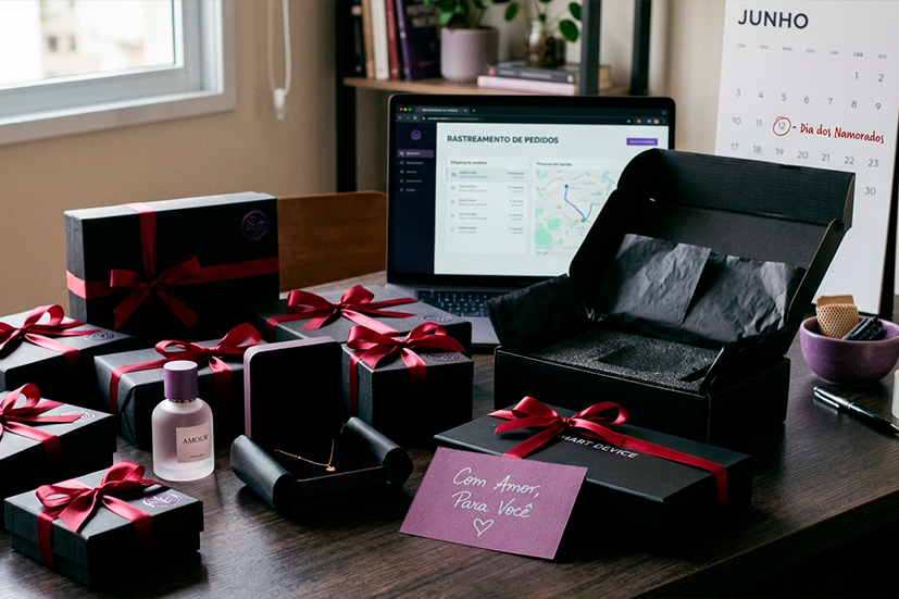 Mesa elegante com embalagens sofisticadas sendo preparadas para envio: caixas personalizadas, laços vermelhos, cartões românticos, perfume de luxo, joias e gadgets embalados cuidadosamente para o Dia dos Namorados.