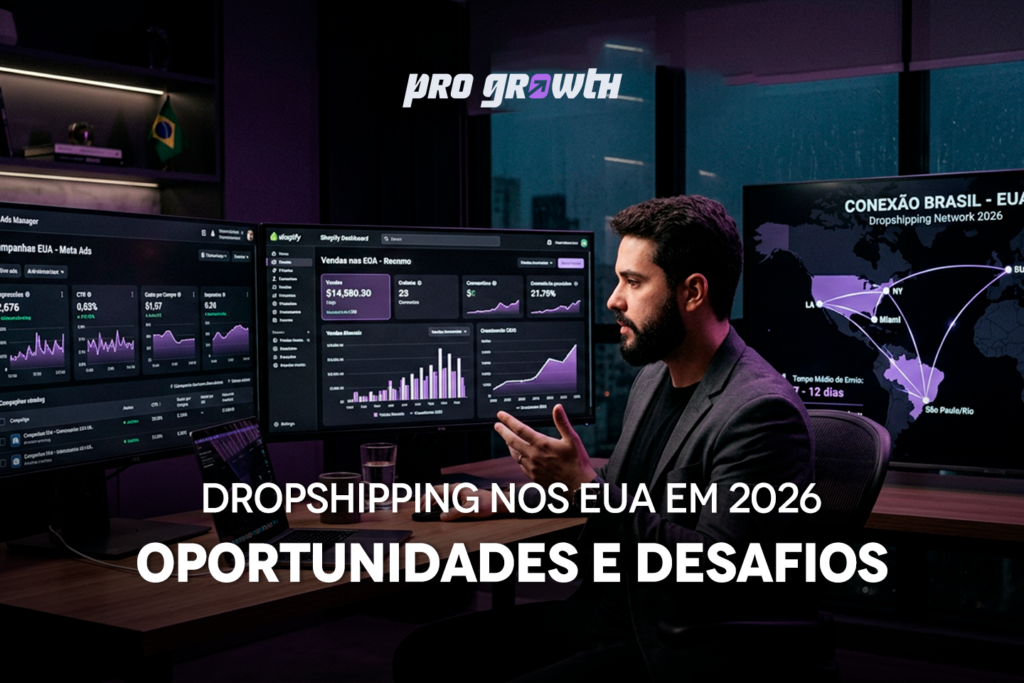 Empresário brasileiro operando uma loja de dropshipping nos EUA em um escritório moderno, analisando dashboards de vendas.