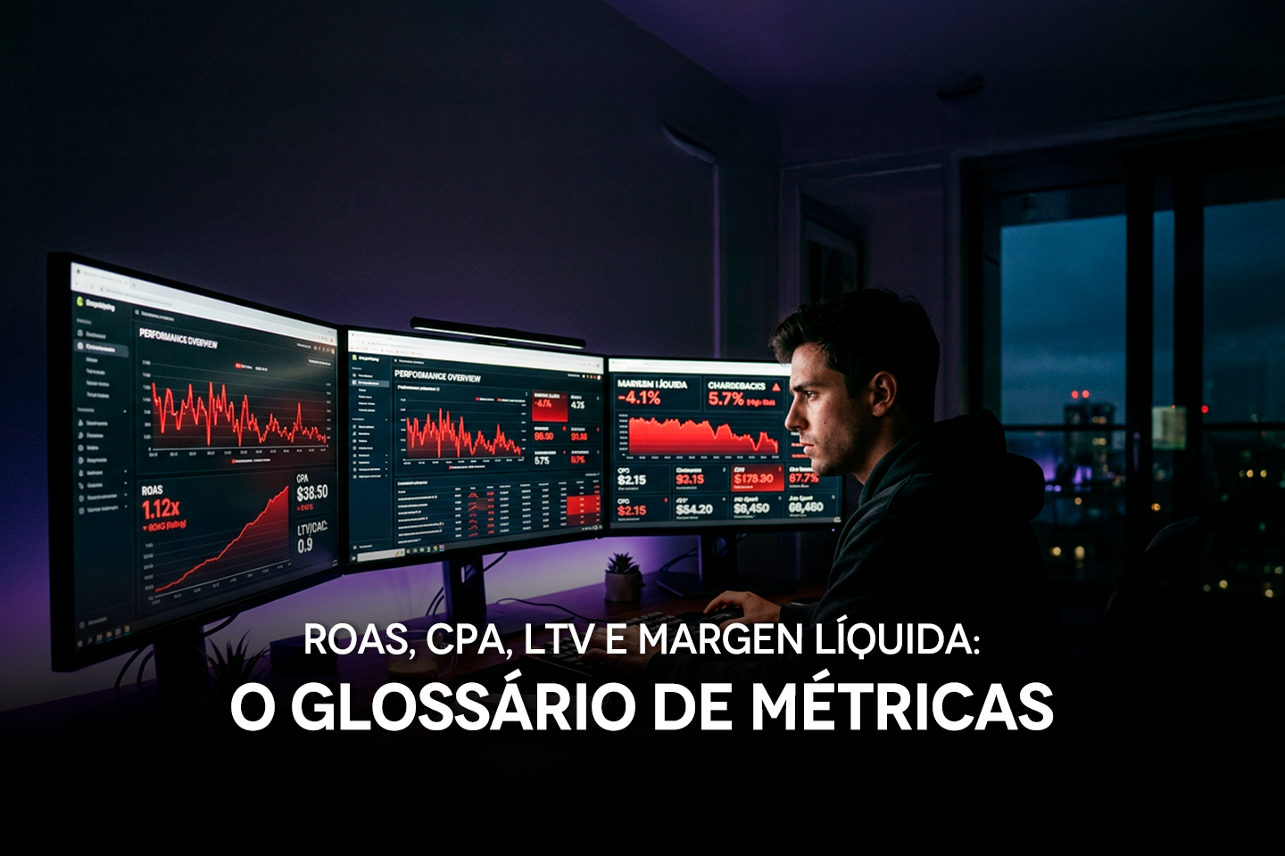 Operador de dropshipping trabalhando em um escritório moderno à noite, olhando para múltiplos monitores com dashboards confusos, gráficos vermelhos e números conflitantes de ROAS, CPA, margem líquida e chargeback. Colocar título: ROAS, CPA, LTV e margem líquida: o glossário de métricas.