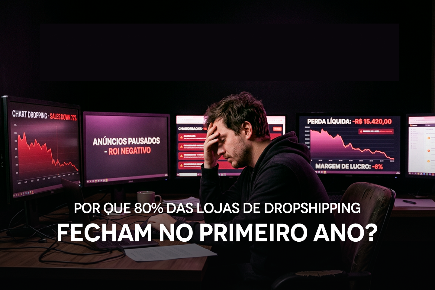 Empreendedor de dropshipping sentado sozinho em frente a múltiplos monitores exibindo métricas negativas, anúncios pausados, chargebacks e gráficos em queda. O ambiente deve transmitir pressão psicológica, frustração e desgaste financeiro, mas sem exagero dramático. Exibir o texto: Por que 80% das lojas de dropshipping fecham no primeiro ano?