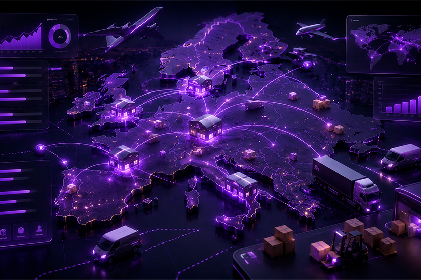 Ilustração de uma operação de dropshipping na Europa com fornecedores locais, centros de distribuição, logística internacional e entregas rápidas para consumidores europeus.
