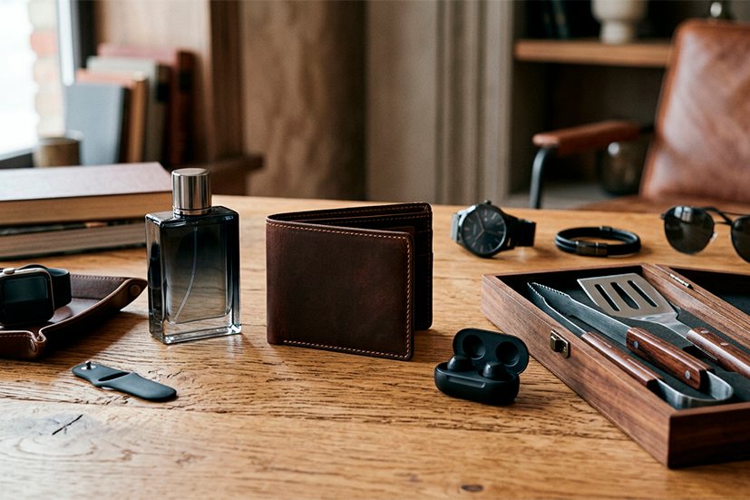 Mesa organizada com produtos de alto potencial para o Dia dos Pais: smartwatch, perfume masculino, carteira de couro, fones de ouvido, kit churrasco e acessórios masculinos.