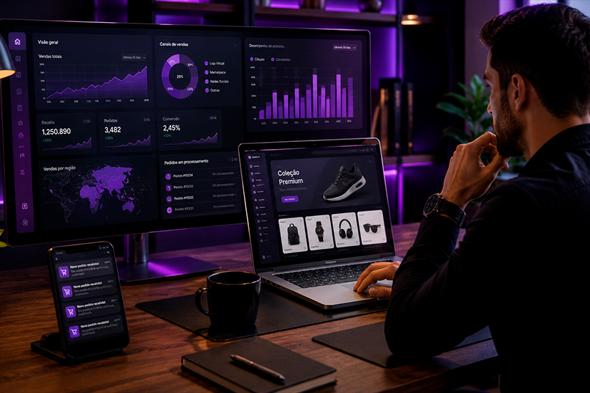 Empreendedor analisando métricas de uma loja virtual em um dashboard, com gráficos de vendas, anúncios e pedidos sendo processados.