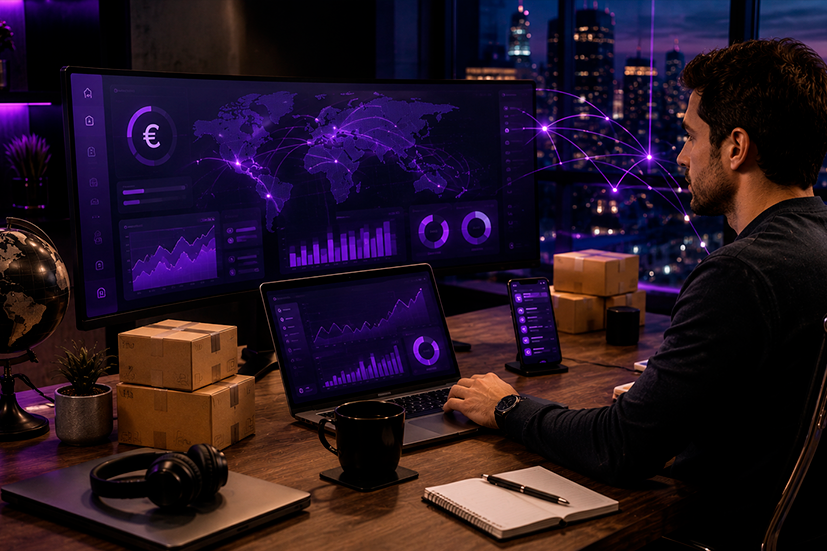 Empreendedor brasileiro acompanhando vendas em euro em um painel de e-commerce, simbolizando a expansão internacional e a estruturação de uma operação na Europa.