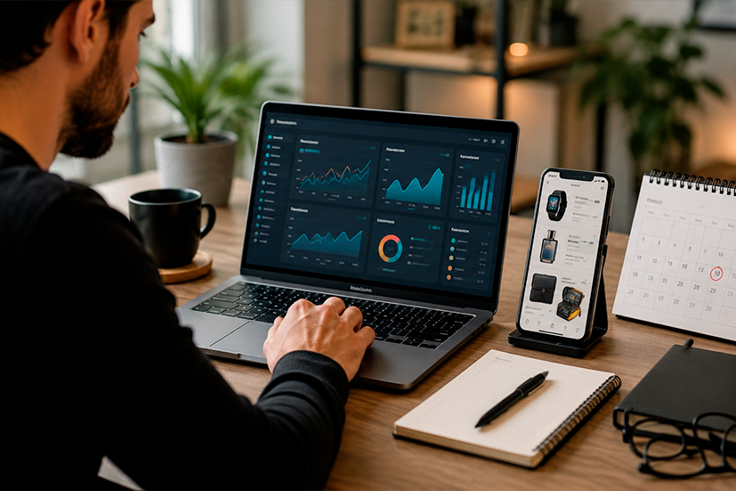 Profissional de e-commerce analisando gráficos em notebook, painel do Meta Ads aberto na tela, calendário marcando o Dia dos Pais e smartphone exibindo anúncios de produtos.