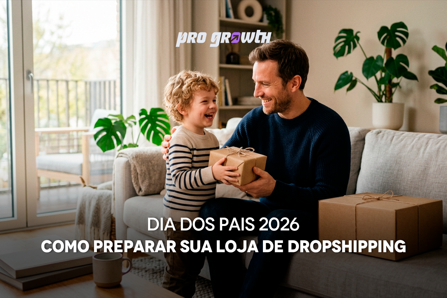 Um pai sorrindo recebe um presente do filho ou da filha em casa. Ao lado, uma caixa de entrega elegante, remetendo ao e-commerce. A cena transmite emoção, conexão familiar e experiência de compra.