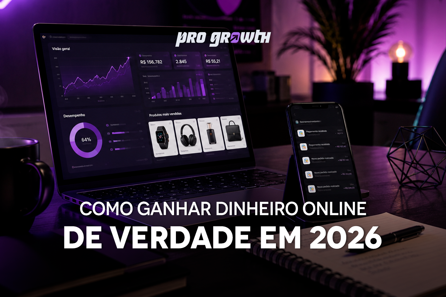 Pessoa trabalhando em um notebook em home office, com gráficos de vendas, loja virtual e notificações de pagamentos aparecendo na tela.