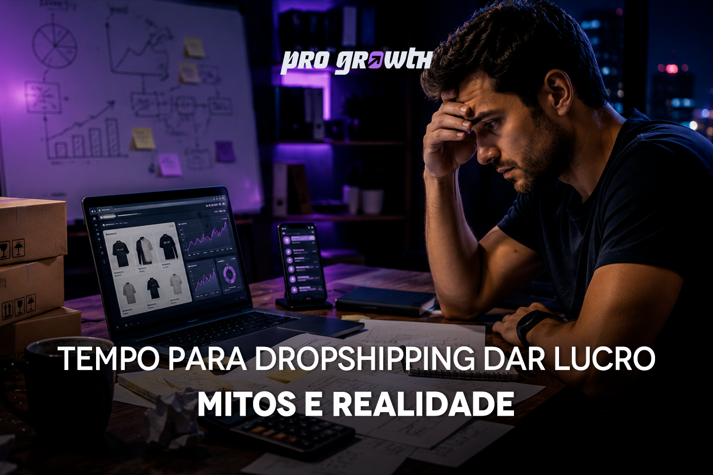 Empreendedor com aspecto de desespero, planejando uma estratégia de dropshipping sem análise de dados, metas financeiras e cronograma.