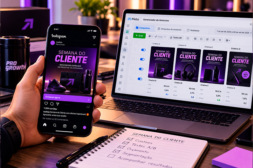 Mesa de trabalho com smartphone exibindo um anúncio de “Semana do Cliente” no feed do Instagram, ao lado de um notebook com o gerenciador de anúncios aberto e várias versões de criativos lado a lado, remetendo a testes A/B.