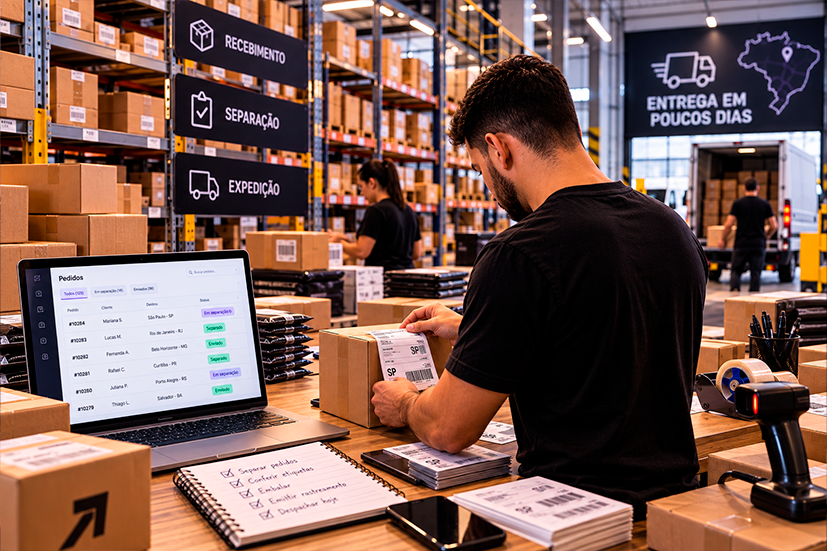 Centro de distribuição no Brasil com prateleiras organizadas e um operador separando pedidos com etiquetas de rastreamento, remetendo à agilidade do dropshipping nacional e à entrega em poucos dias.