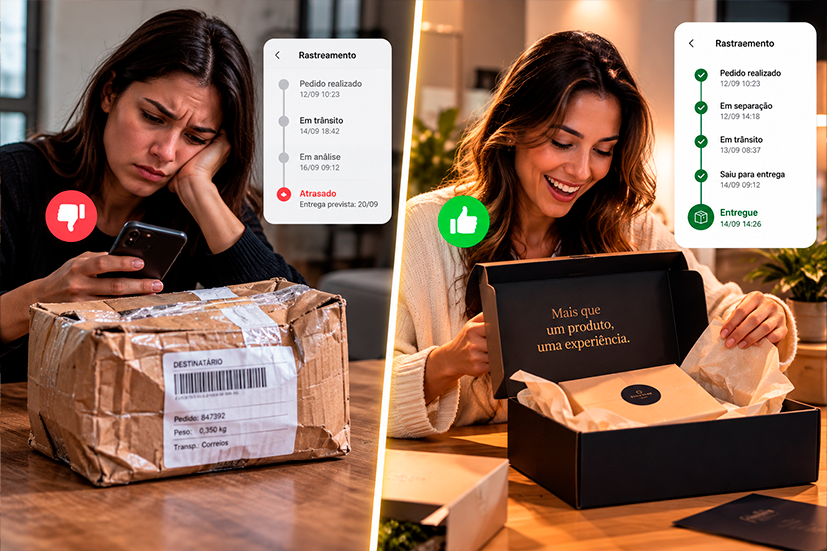 Comparativo visual lado a lado: à esquerda, uma caixa amassada com etiqueta genérica e um cliente frustrado olhando o celular; à direita, uma embalagem personalizada de marca sendo aberta por um cliente satisfeito, com a tela de rastreamento mostrando “entregue”.