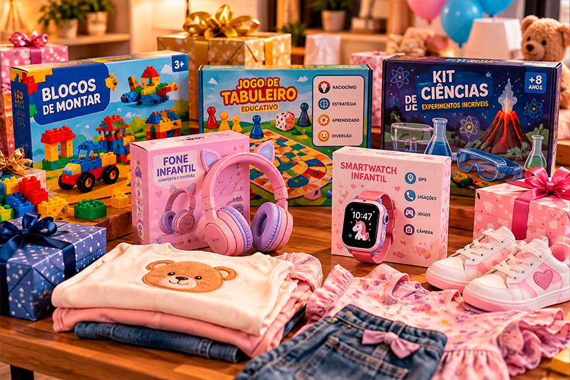 Mesa organizada com produtos de alto potencial para o Dia das Crianças: kit de blocos de montar, jogo de tabuleiro educativo, kit de ciências, fone de ouvido infantil, relógio smartwatch infantil e peças de moda infantil, todos com embalagens de presente.