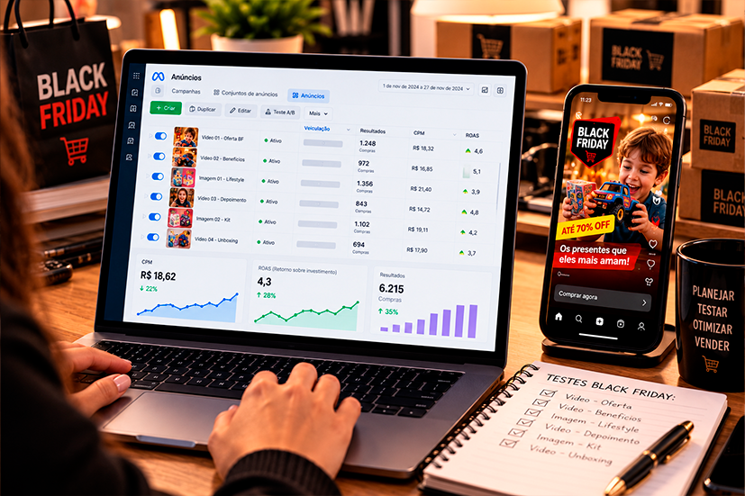 Tela de notebook exibindo um gerenciador de anúncios com várias versões de criativos em teste, gráficos de CPM e ROAS, e um smartphone ao lado mostrando um anúncio em vídeo com selo de oferta de Black Friday.