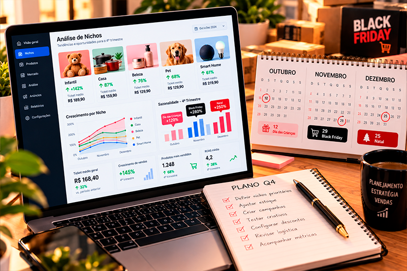 Tela de notebook com um painel de análise de nichos exibindo gráficos de crescimento por categoria, ticket médio e sazonalidade do quarto trimestre, com um calendário de outubro a dezembro ao lado marcando Dia das Crianças, Black Friday e Natal.