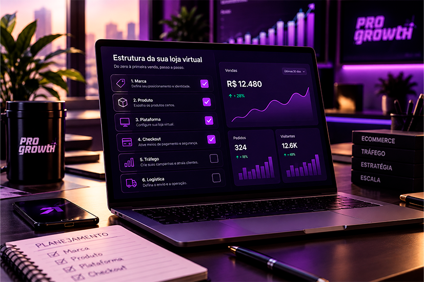 Notebook com checklist de estruturação de uma loja virtual (marca, produto, plataforma, checkout, tráfego e logística), com algumas etapas marcadas como concluídas e gráficos de vendas ao fundo.