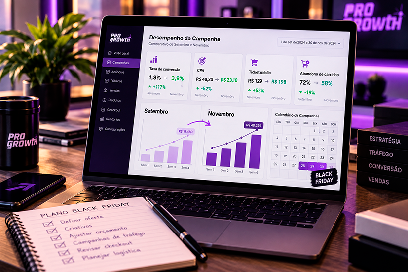 Tela de notebook com um dashboard de métricas de campanha (taxa de conversão, CPA, ticket médio e abandono de carrinho), com setas indicando a transição de setembro para novembro e uma etiqueta “Black Friday” no calendário.