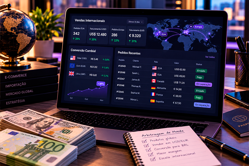Tela de notebook com um painel de vendas internacionais mostrando pedidos em dólar e euro, gráfico de conversão cambial para real e mapa com pedidos nos Estados Unidos e na Europa, simbolizando a arbitragem de moeda.