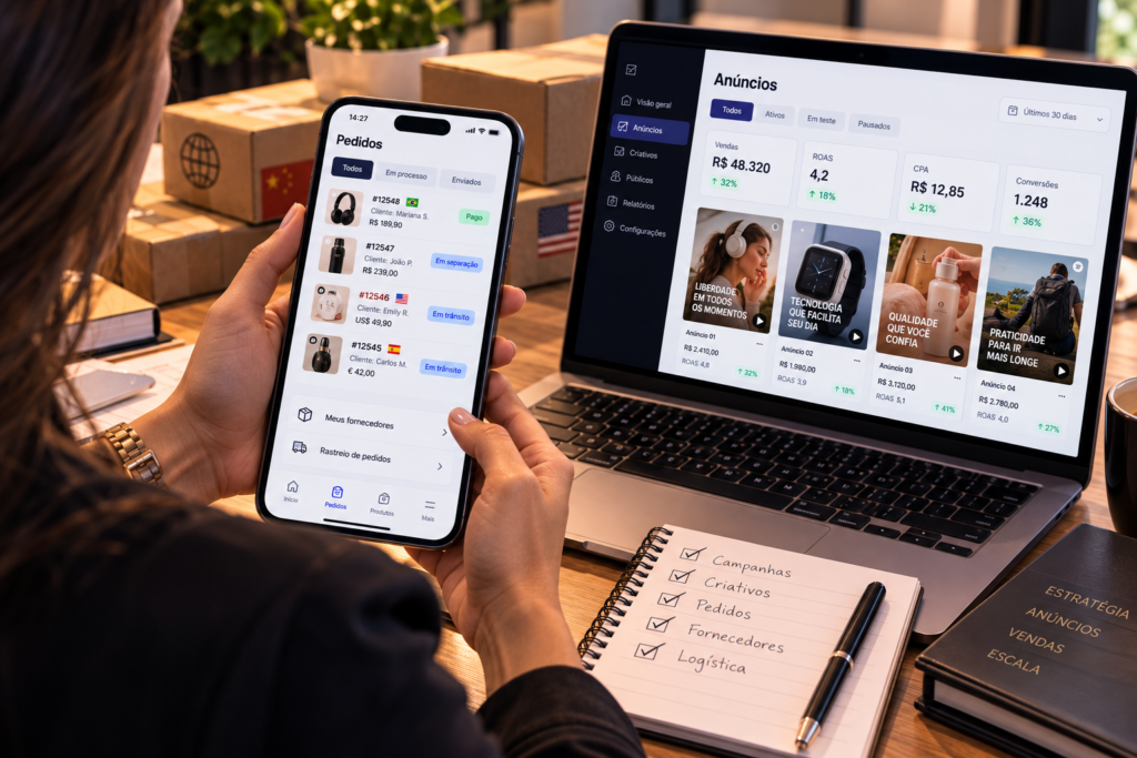 Lojista acompanhando pelo smartphone um aplicativo de gestão com pedidos, fornecedores e status de entrega em tempo real; ao lado, notebook aberto com uma biblioteca de anúncios exibindo criativos e métricas de desempenho.