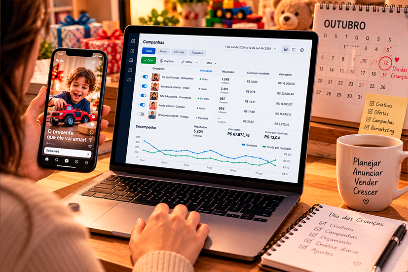 Profissional de e-commerce diante de um notebook com o gerenciador de anúncios aberto e um calendário de outubro com o dia 12 destacado; ao lado, smartphone exibindo um anúncio em vídeo de um presente infantil no feed.