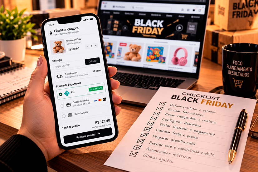 Smartphone em primeiro plano com a tela de checkout de uma loja virtual (Pix, cartão parcelado e cálculo de frete), sobre uma mesa com um checklist impresso de preparação para a Black Friday, com vários itens marcados.