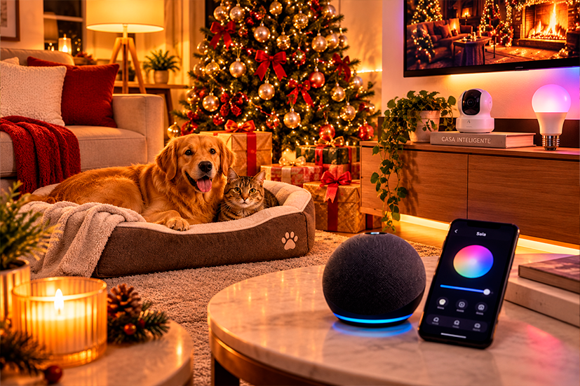 Sala de estar decorada para o fim de ano com produtos de casa inteligente em uso: lâmpadas coloridas, caixa de som, câmera de segurança e um pet deitado em uma cama nova ao lado de uma árvore de Natal com presentes.