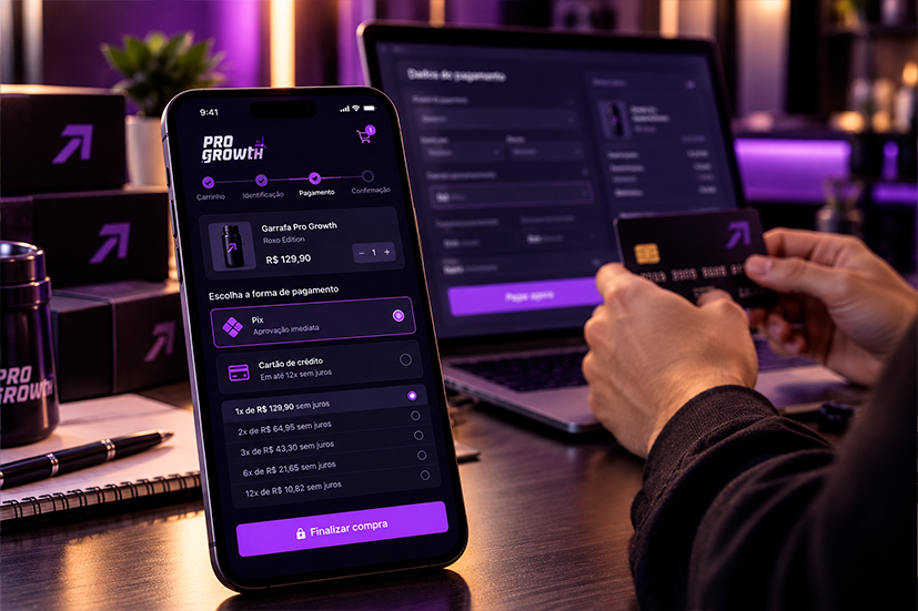 Smartphone em primeiro plano exibindo a tela de checkout de uma loja virtual, com opções de Pix e cartão parcelado. Ao fundo, mãos segurando um cartão de crédito, remetendo à finalização da compra.
