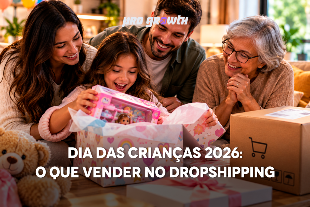 Família em casa celebrando o Dia das Crianças: uma criança abre, sorridente, uma caixa de presente com embalagem colorida e caprichada, enquanto mãe, pai e avó observam emocionados. Ao lado, uma caixa de entrega de e-commerce, remetendo à compra online.