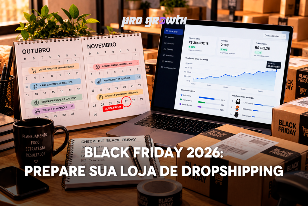 Mesa de trabalho de um lojista de e-commerce com calendário de outubro e novembro, a data 27 de novembro circulada em vermelho e semanas marcadas com etapas de preparação. Ao lado, notebook com painel de vendas e caixas de encomenda com etiquetas “Black Friday”.