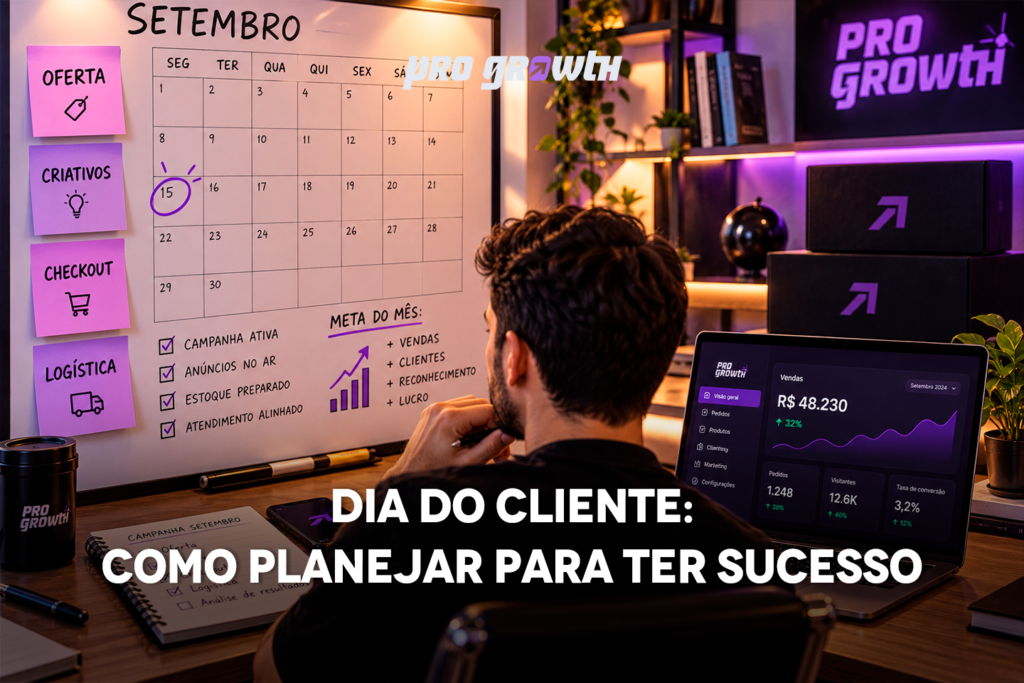 Lojista de e-commerce diante de um quadro de planejamento com o calendário de setembro, o dia 15 circulado e post-its com as etapas da campanha (oferta, criativos, checkout, logística). Ao fundo, notebook aberto com um painel de vendas. Clima de organização e estratégia.