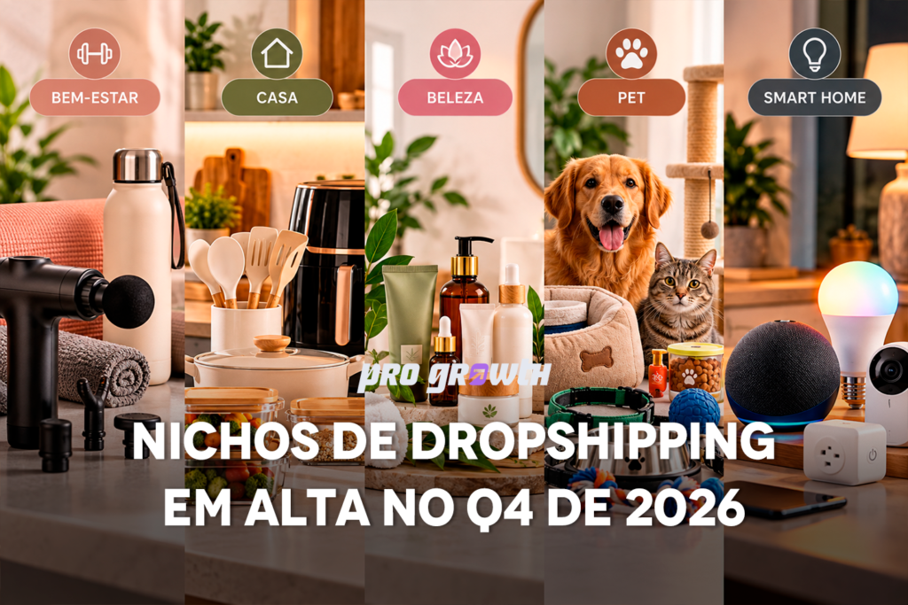 Composição de produtos dos cinco nichos em destaque sobre uma bancada clara: massageador e garrafa térmica (bem-estar), utensílios de cozinha modernos (casa), frascos de cosméticos naturais com folhas (beleza), acessórios para cachorro e gato (pet) e um assistente de voz com lâmpada inteligente (smart home).