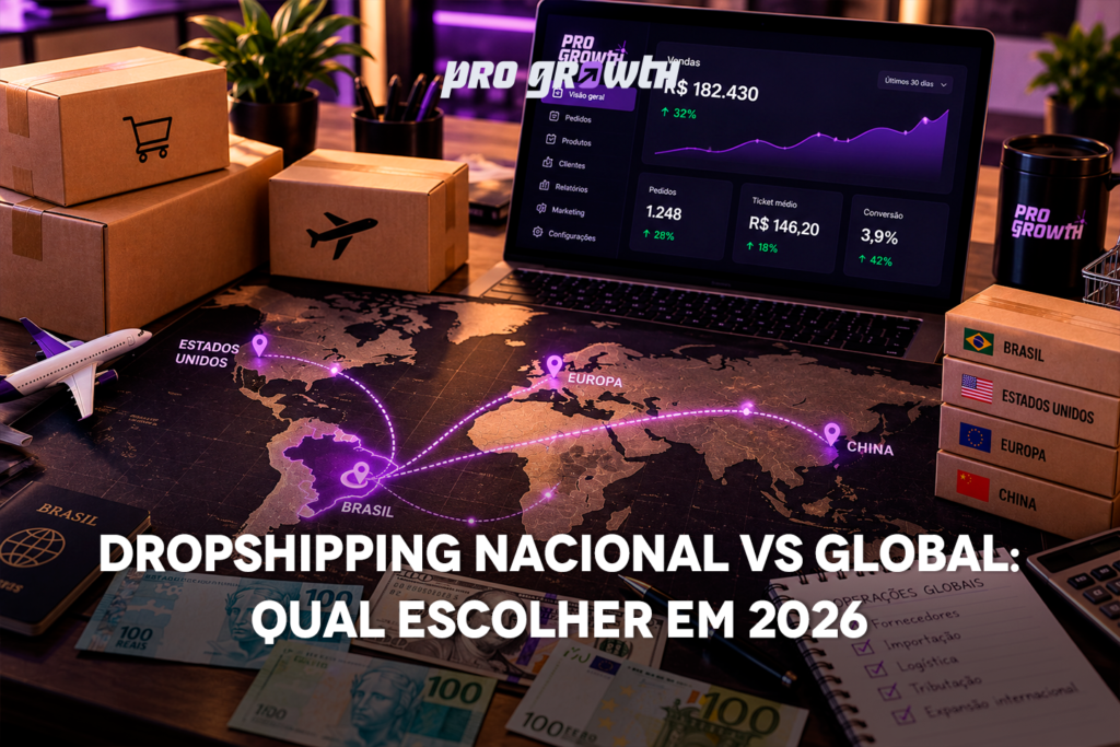 Mapa-múndi estilizado em uma mesa de trabalho com rotas logísticas ligando o Brasil à China, aos Estados Unidos e à Europa. Sobre o mapa, caixas de encomenda, um notebook com painel de vendas e cédulas de real, dólar e euro, representando operações nacionais e globais.