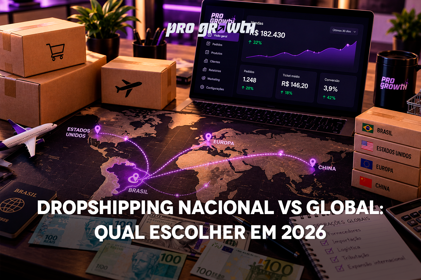 Mapa-múndi estilizado em uma mesa de trabalho com rotas logísticas ligando o Brasil à China, aos Estados Unidos e à Europa. Sobre o mapa, caixas de encomenda, um notebook com painel de vendas e cédulas de real, dólar e euro, representando operações nacionais e globais.
