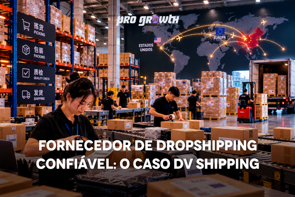 Galpão moderno de fulfillment na China com prateleiras organizadas e operadores separando e embalando pedidos com etiquetas de rastreamento internacional. Ao fundo, esteiras, pallets prontos para envio e um mapa na parede com rotas ligando a China à Europa e aos Estados Unidos.